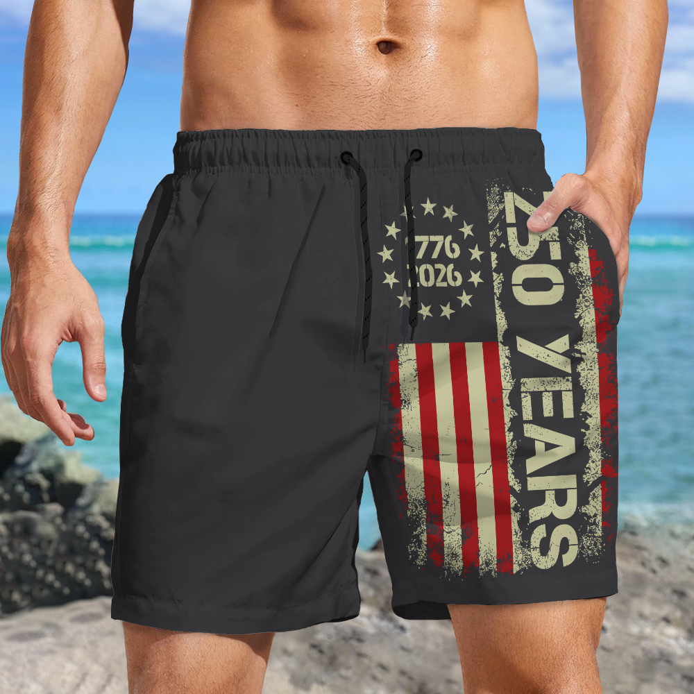 Personalized American Flag Beach Shorts Custom Gift for Dad 250th Anniversary HN590 - Beach-Shorts GradoCreations