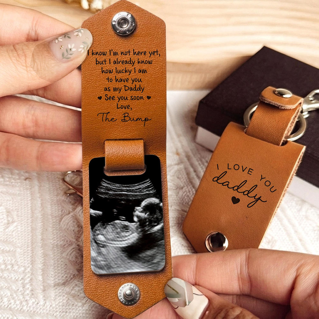 Personalized Baby Ultrasound Photo Leather Keychain Gift for New Dad HN590 - Leather Keychain fix GradoCreations