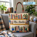 Personalized Quilted Tote Bag with Floral Bookshelf Design Gift for Teacher