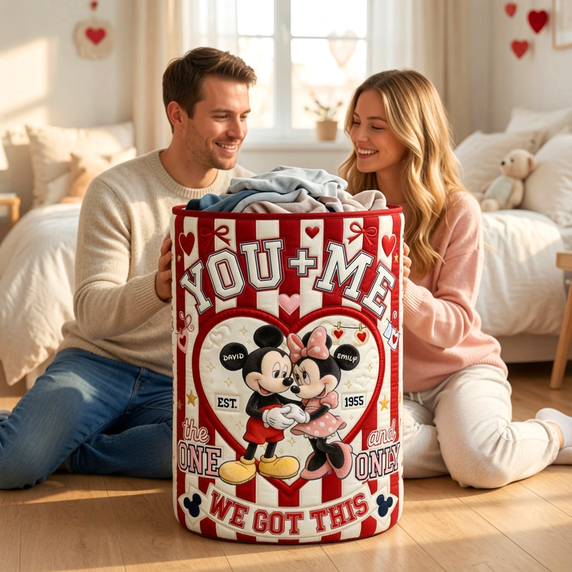 Personalized Quilted Laundry Basket Custom Couple Gift Red Hearts Quilted Laundry Basket GradoCreations