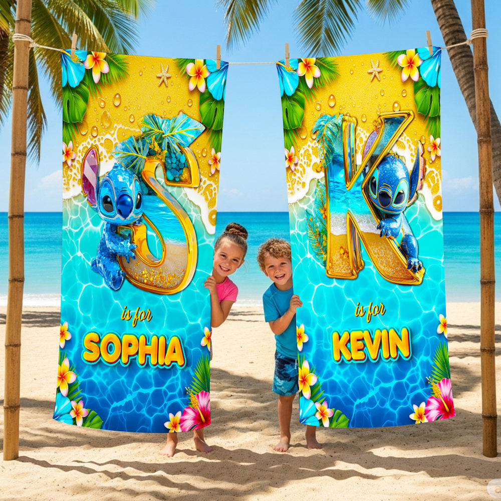 Personalized Beach Towel with Cute Blue Alien for Kids | Vacation Gift
