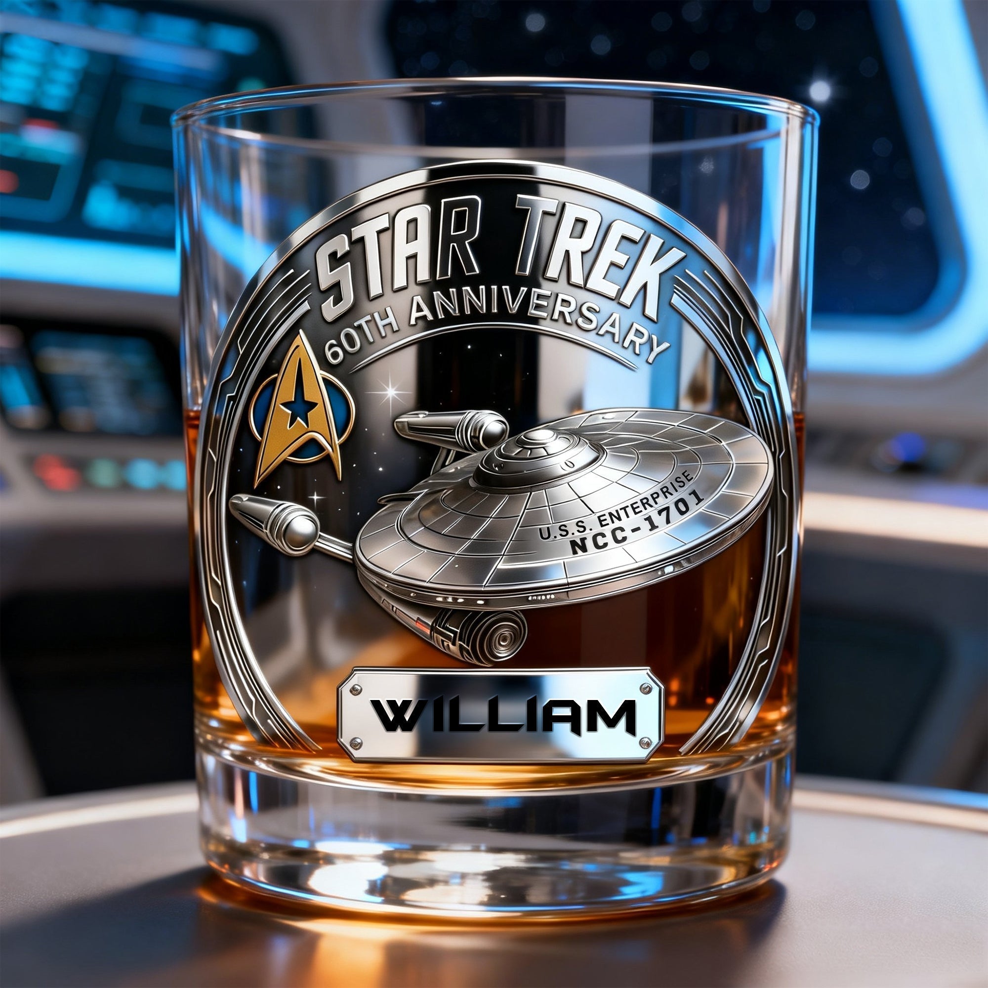 Personalized Whiskey Glass with Star Trek Design for Movie Fans - 60th Anniversary Gift Whiskey Glass GradoCreations