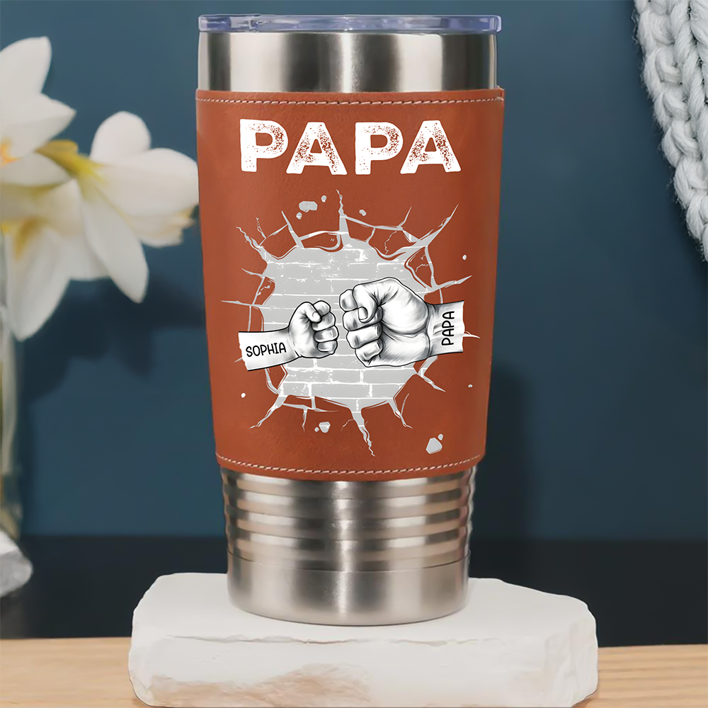 Personalized Leather Tumbler Custom Kids Names Gift for Dad Print Leatherette Tumbler 20oz GradoCreations