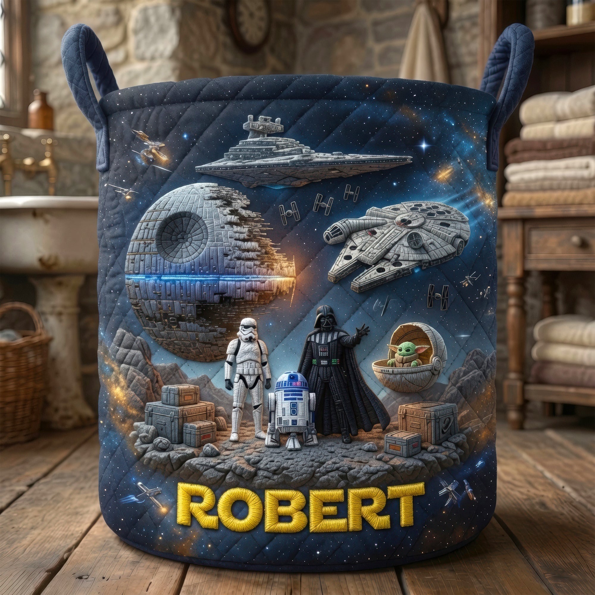 Personalized Quilted Laundry Basket Space Theme Custom Name Gift for Kids Quilted Laundry Basket GradoCreations