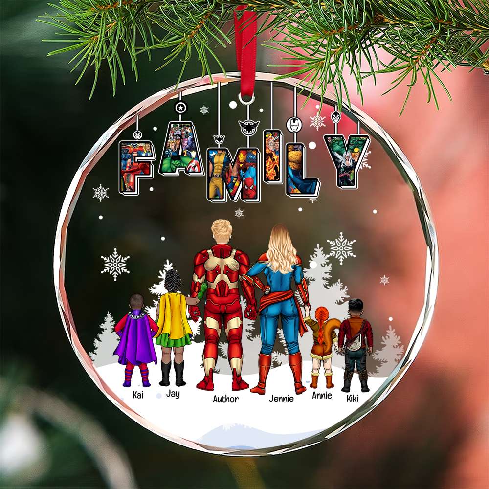 Personalized Superhero Family Glass Ornament Gift for Christmas