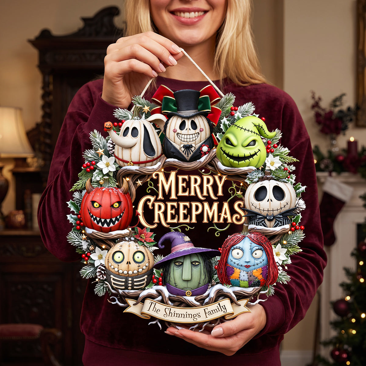Personalized Merry Creepmas Wreath Wood Sign Unique Family Gift Wood Sign GradoCreations