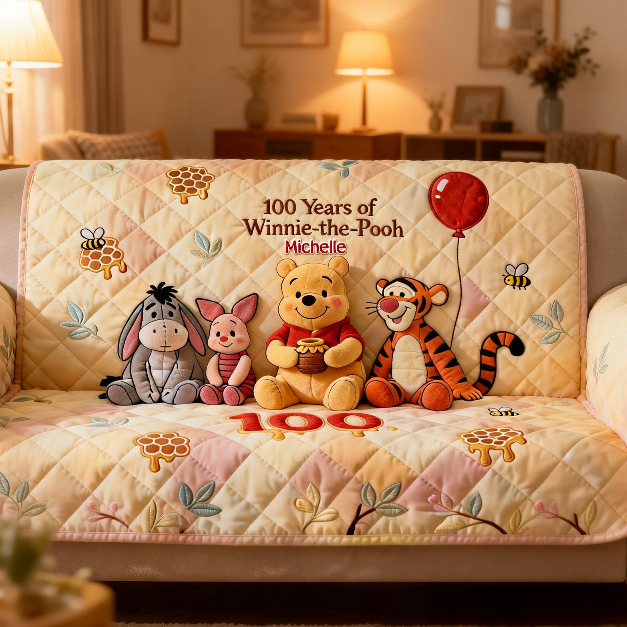 Personalized Winnie-the-Pooh Quilted Sofa Cover Gift for Kids Quited Sofa Cover GradoCreations