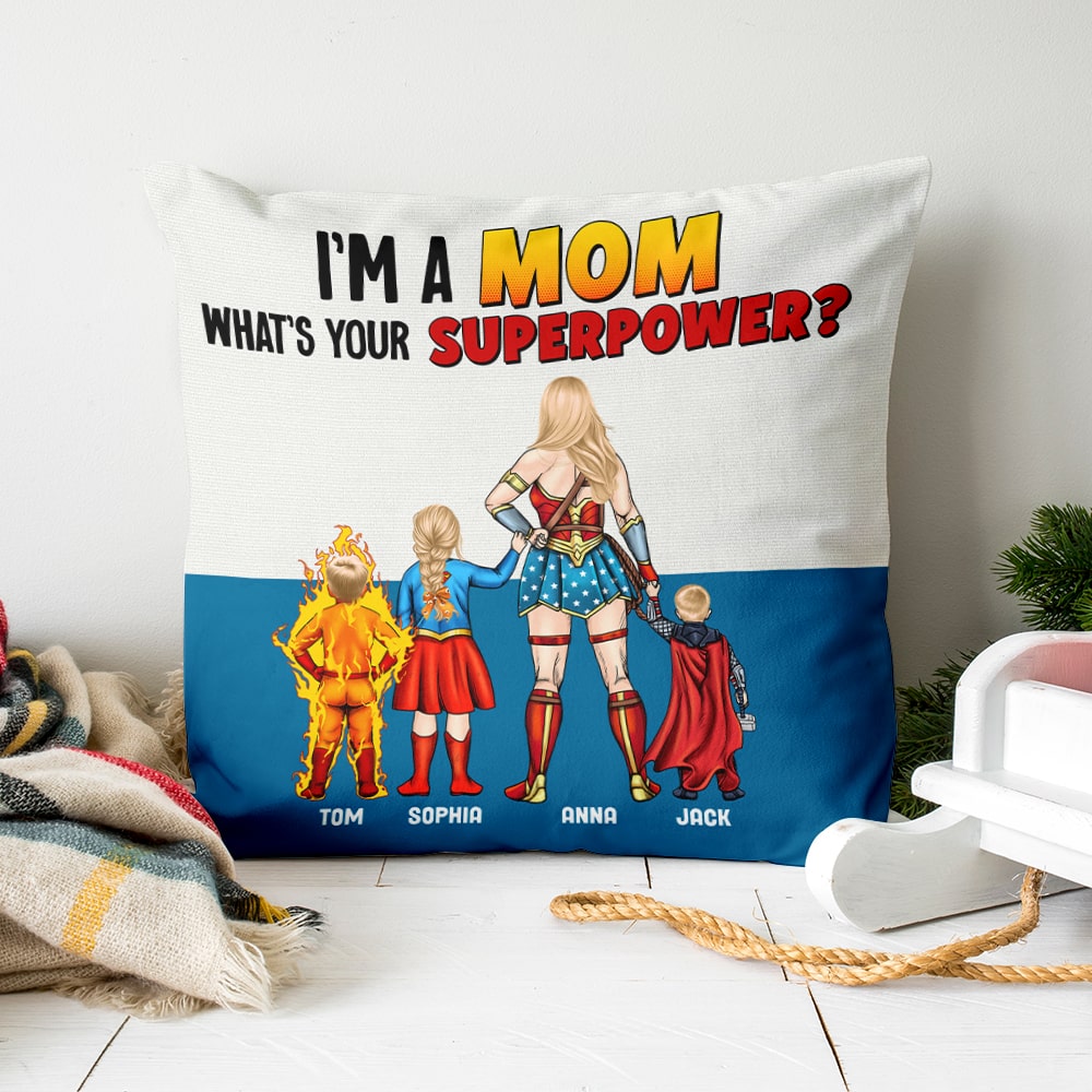 Personalized Superhero Mom Pillow Custom Family Names Gift for Mother's Day