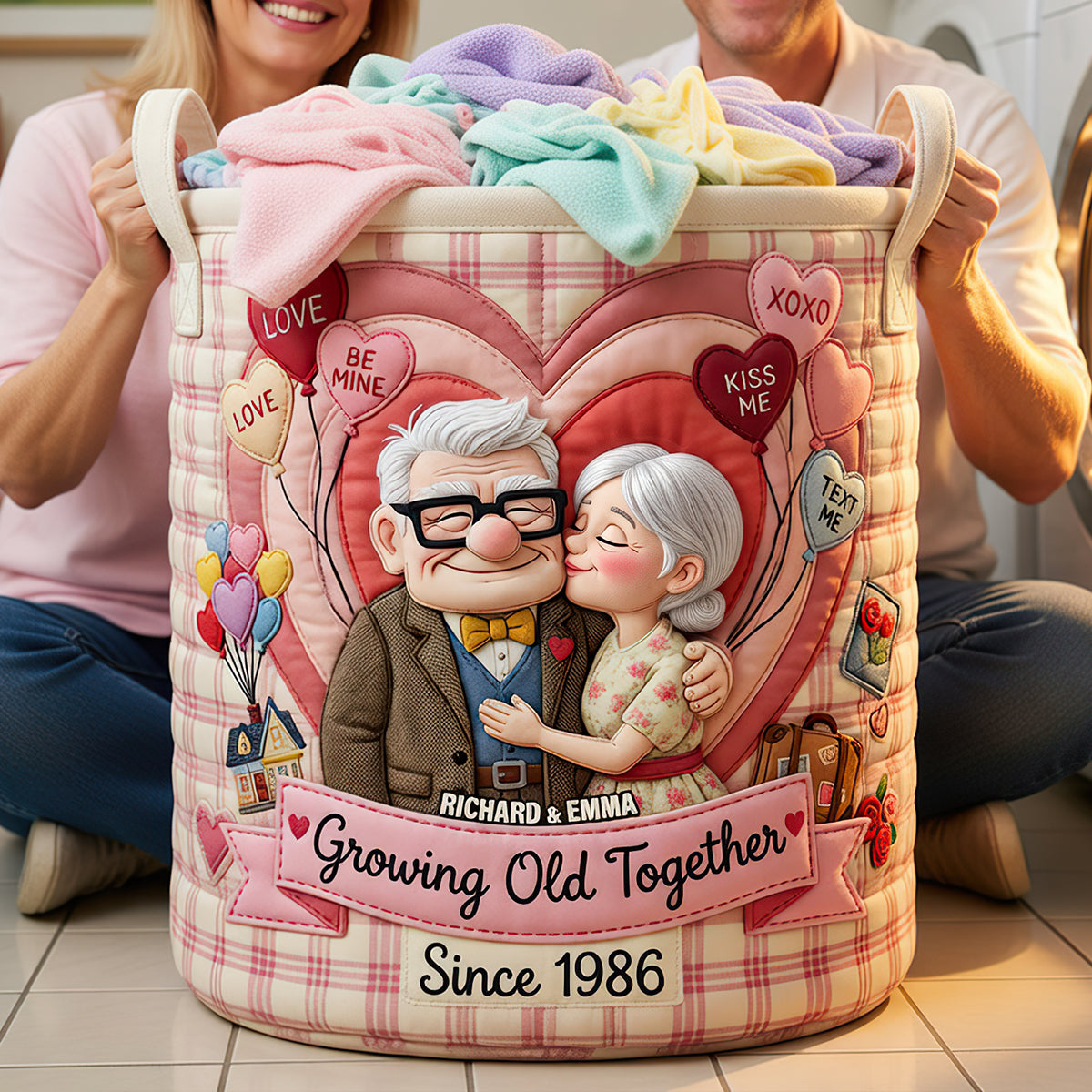 Personalized Quilted Laundry Basket with Custom Artwork for Couples