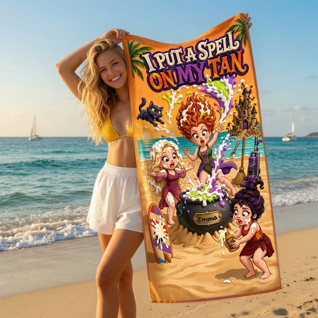 Personalized Funny Witch Beach Towel Gift for Her - Halloween Summer Fun Beach Towel GradoCreations