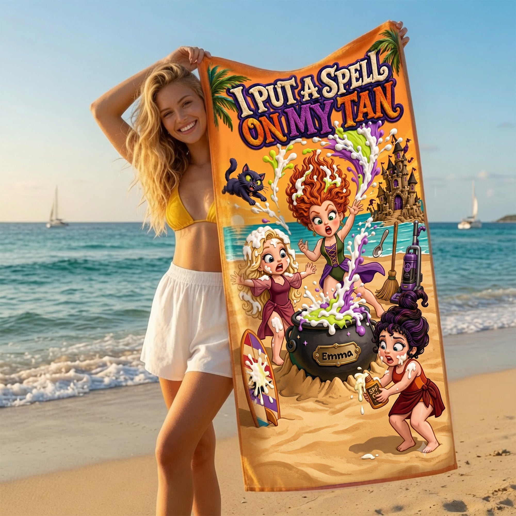 Personalized Funny Witch Beach Towel Gift for Her - Halloween Summer Fun Beach Towel GradoCreations