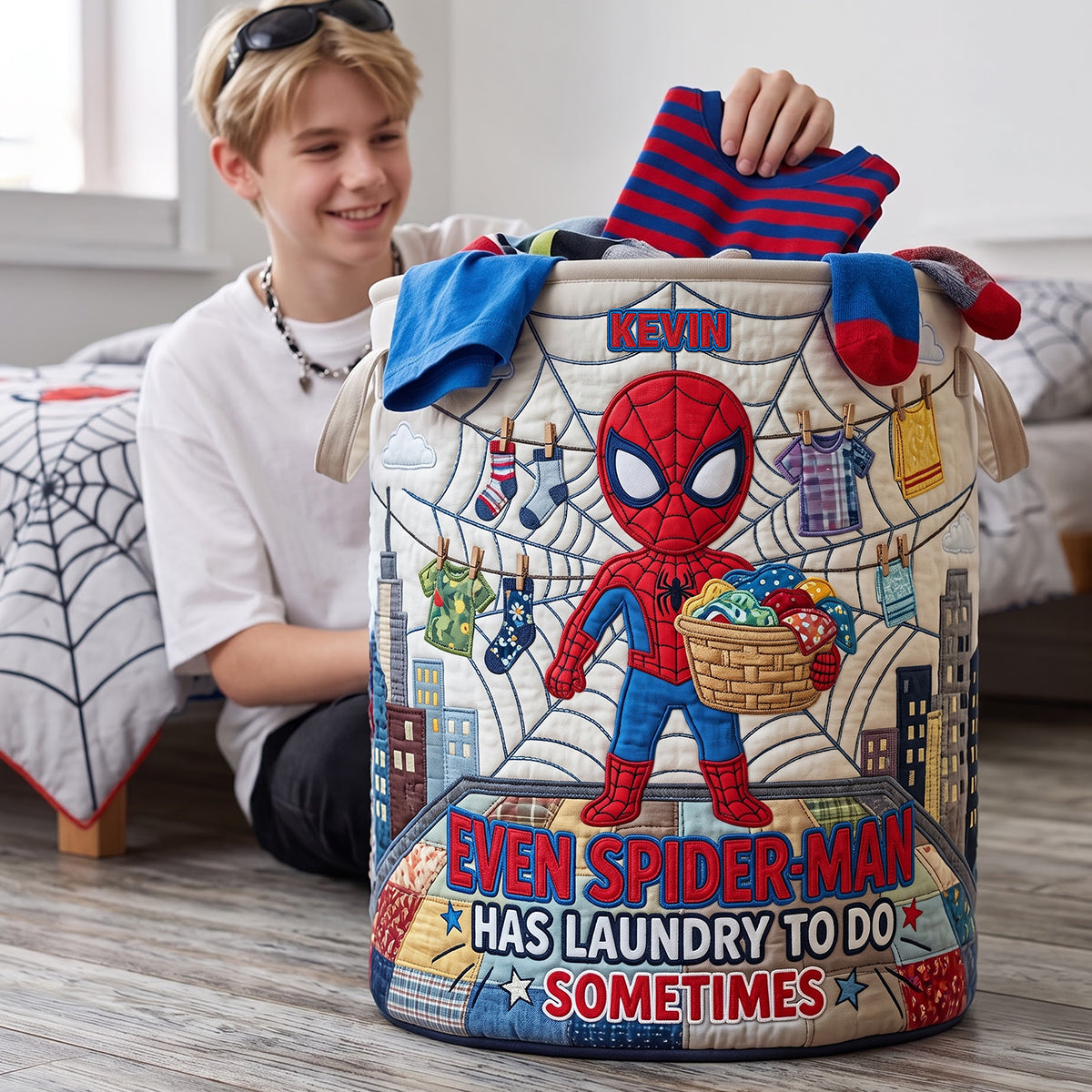 Personalized Spider-Man Quilted Laundry Basket Custom Name Gift for Kids Quilted Laundry Basket GradoCreations