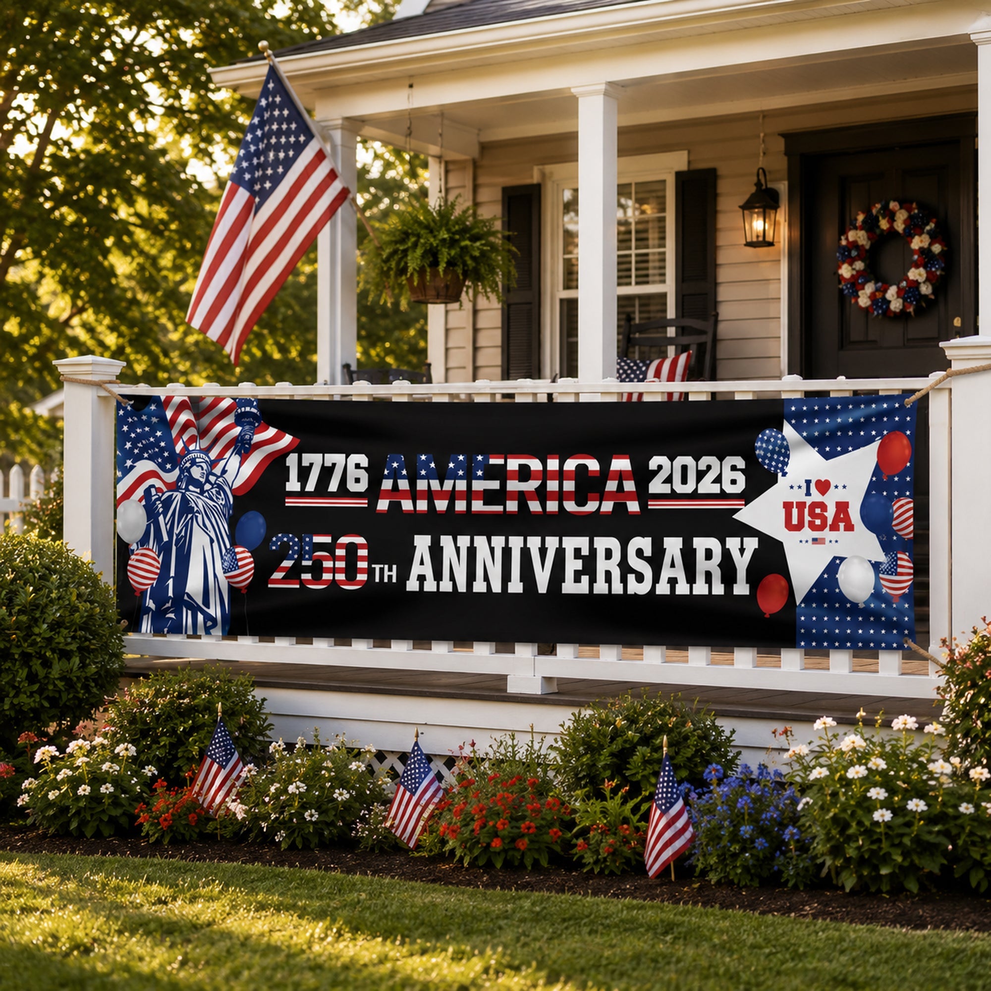 Personalized 250th Anniversary American Party Banner with Statue of Liberty HN590 - Banner GradoCreations
