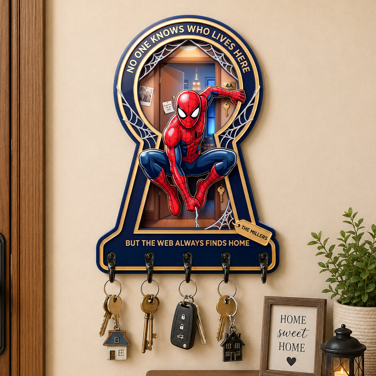 Personalized Spider-Man Hanging Rack - Custom Family Key Holder Gift for Movie Fans Hanging Rack GradoCreations