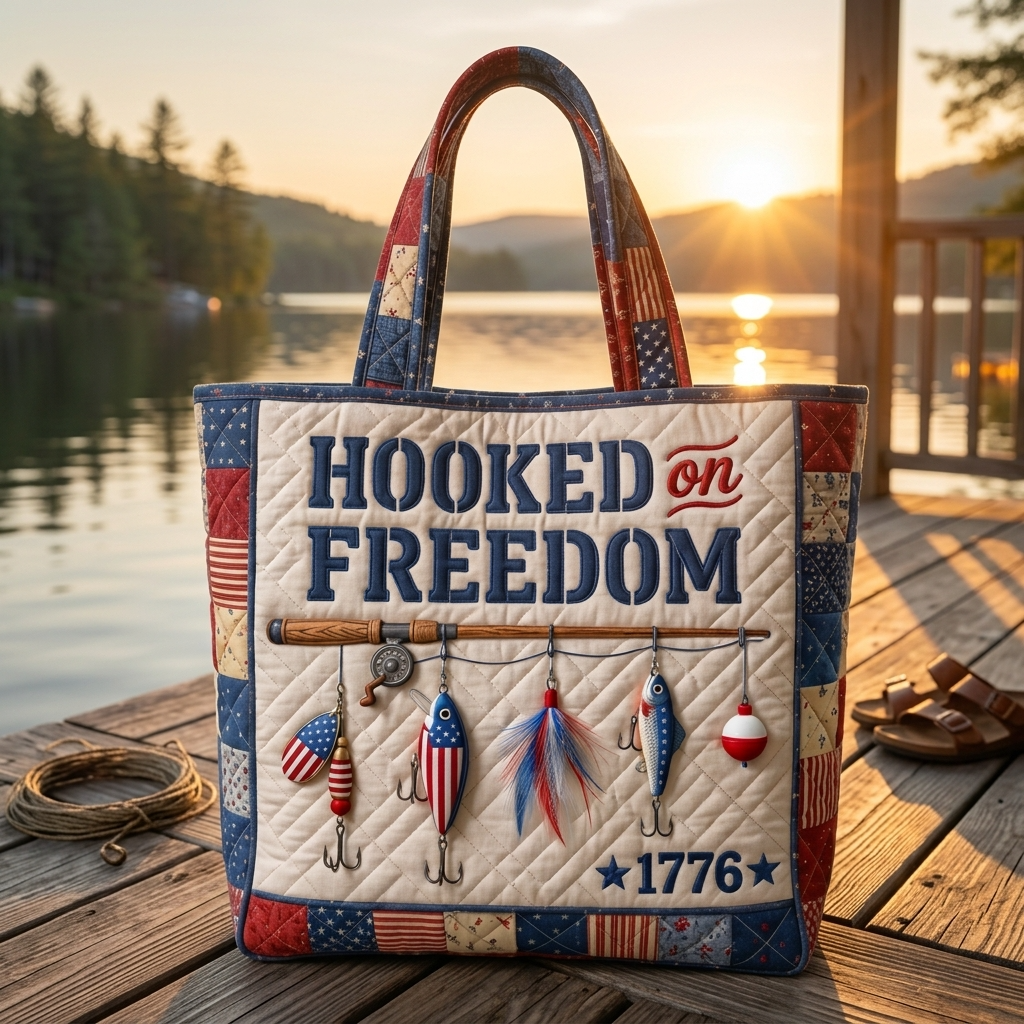 Quilted Fishing Tote Bag with Patriotic Design | Unique Gift for Fisherman