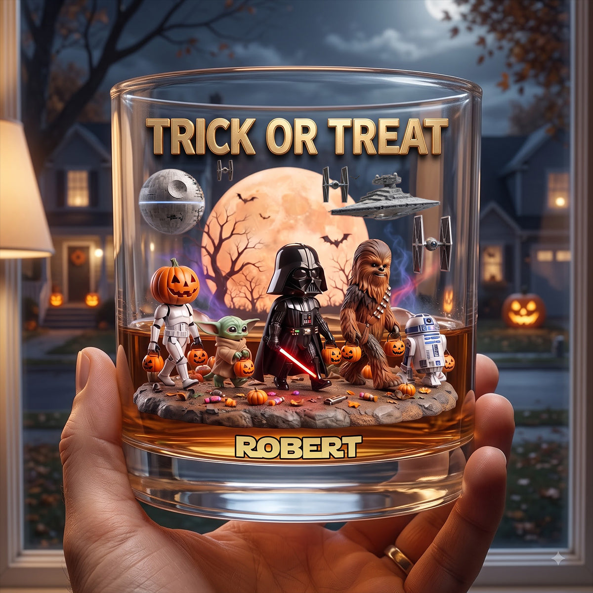 Personalized Trick or Treat Whiskey Glass Custom Name Halloween Gift Whiskey Glass GradoCreations