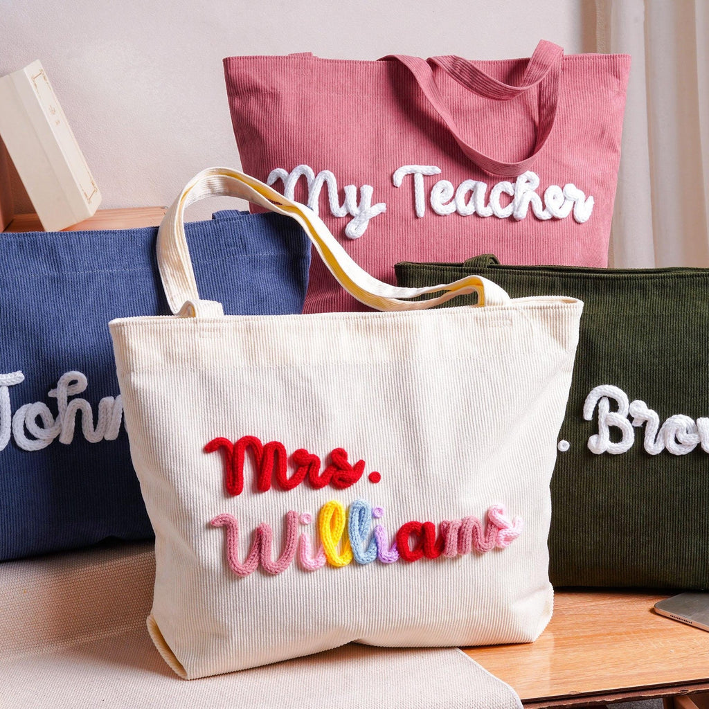 Personalized Corduroy Yarn Tote Bag Teacher Gift Custom Name Corduroy Yarn Tote Bag FIX GradoCreations