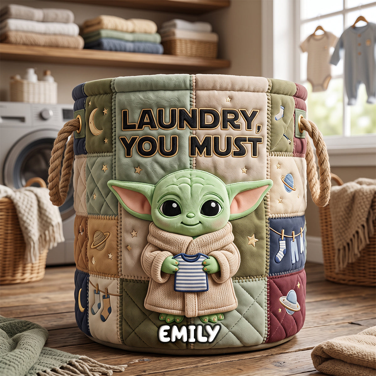 Personalized Cute Alien Quilted Laundry Basket for Family Gift Quilted Laundry Basket GradoCreations