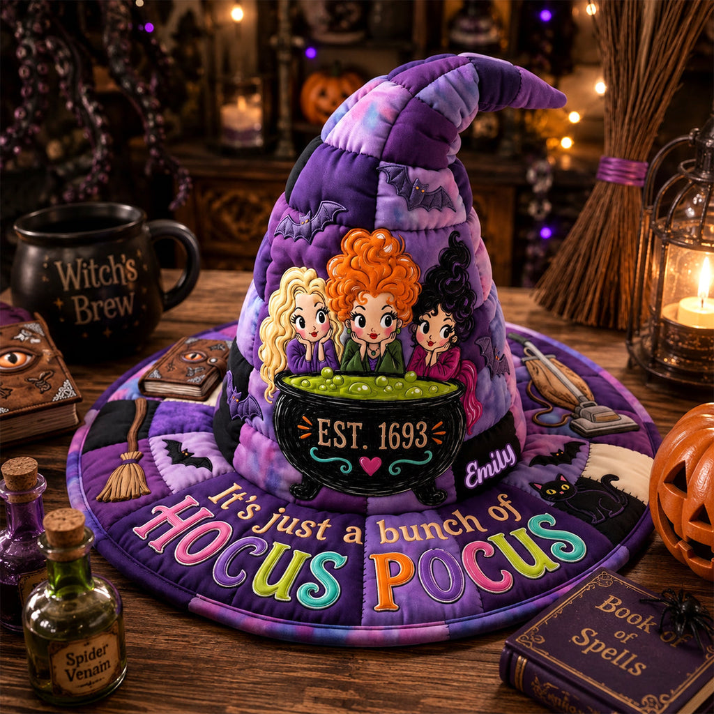 Personalized Quilted Witch Hat for Halloween Costume - Purple Cauldron Design Quilt Witch Hat GradoCreations