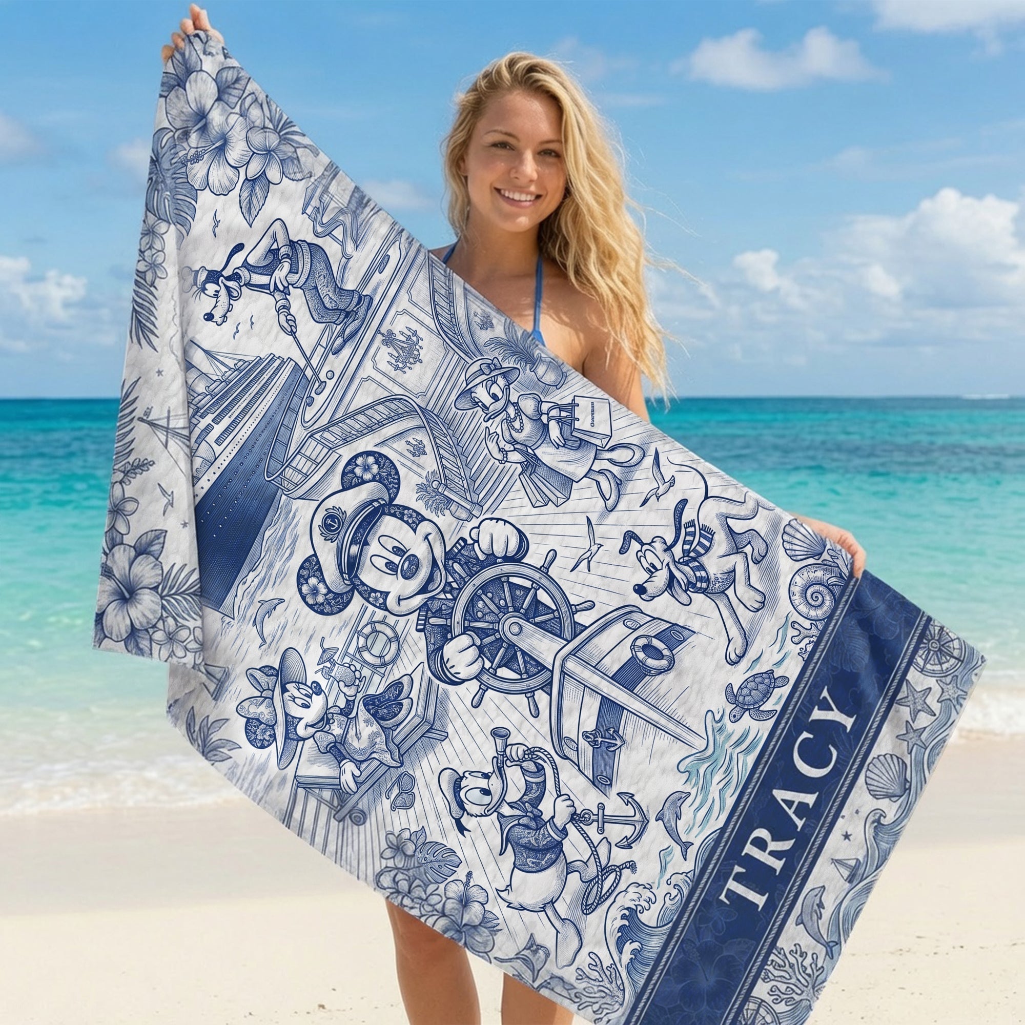 Personalized Toile De Jouy Beach Towel Custom Name Gift for Travelers Beach Towel GradoCreations