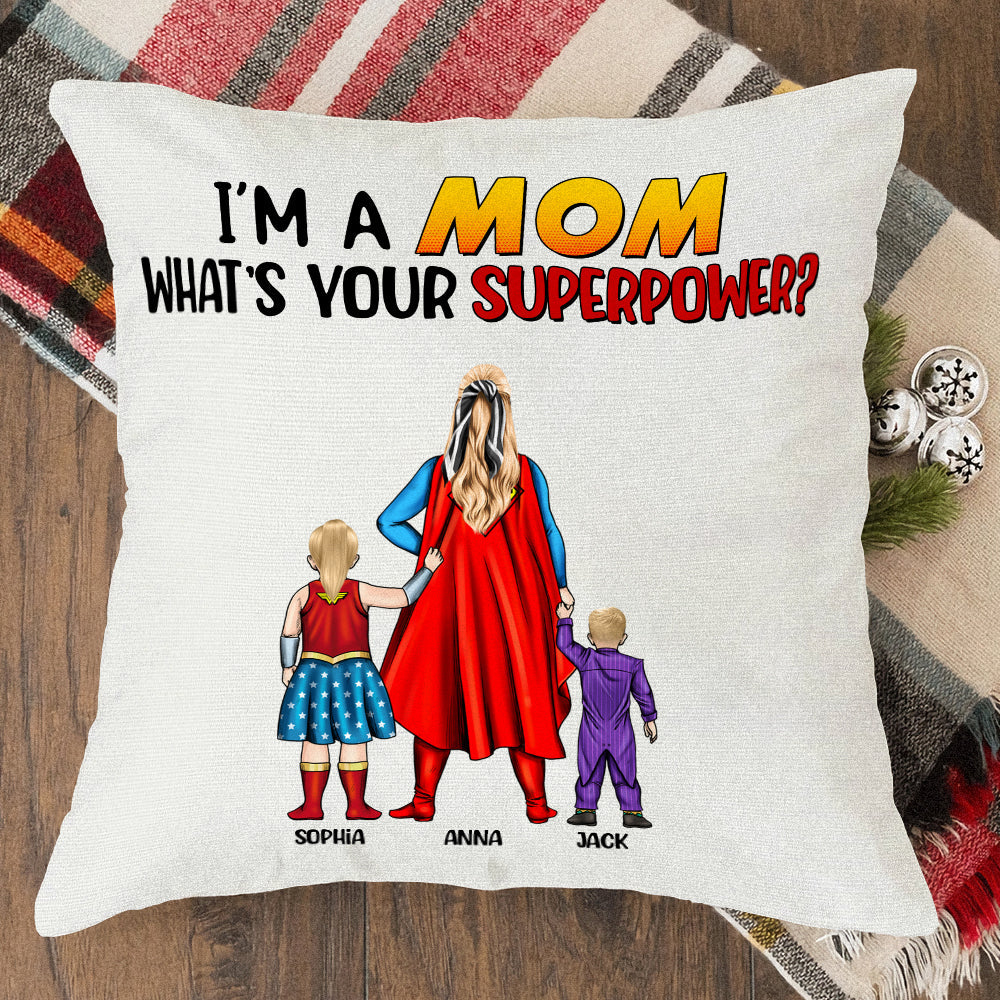 Personalized Super Mom Pillow Custom Family Names Gift for Mom