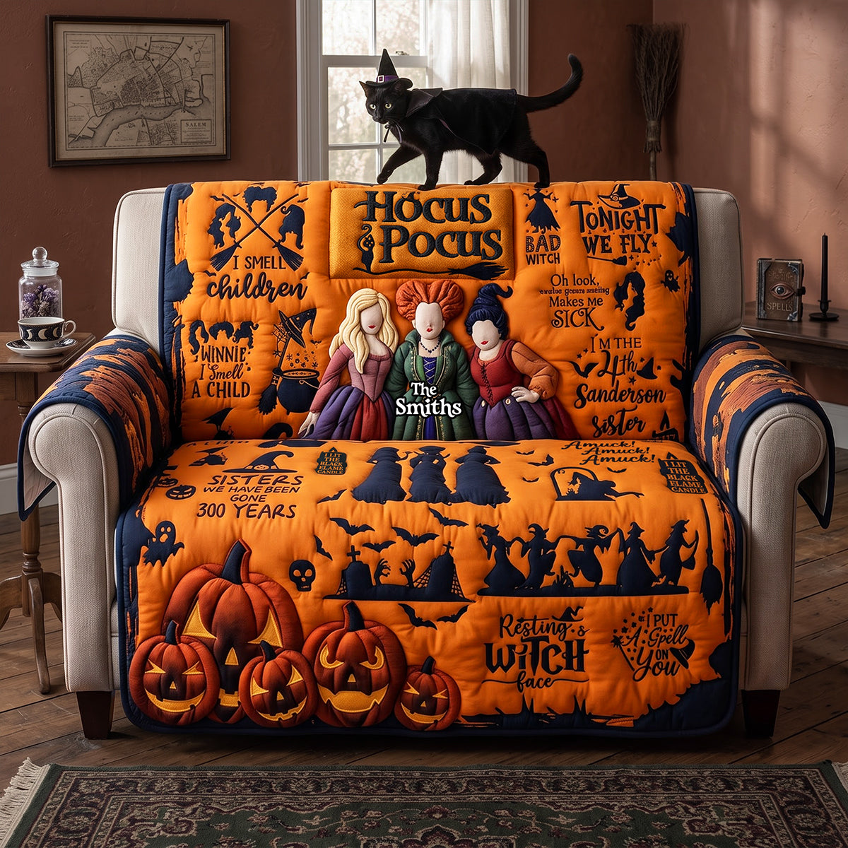 Personalized Hocus Pocus Halloween Quilted Sofa Cover for Family Quited Sofa Cover GradoCreations