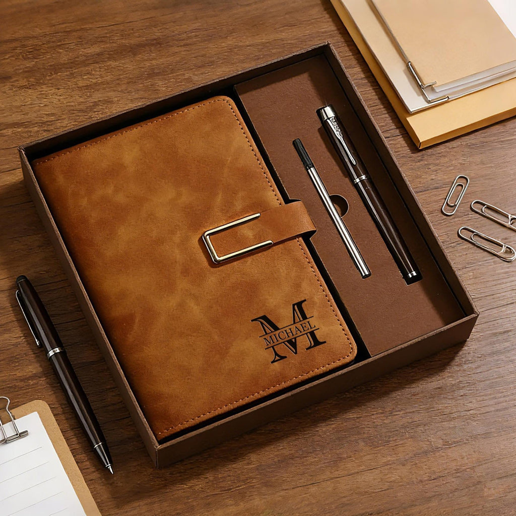 Personalized Engraved Leather Notebook Set with Pen Gift for Dad HN590 - Engraved Leather Notebook FIX GradoCreations