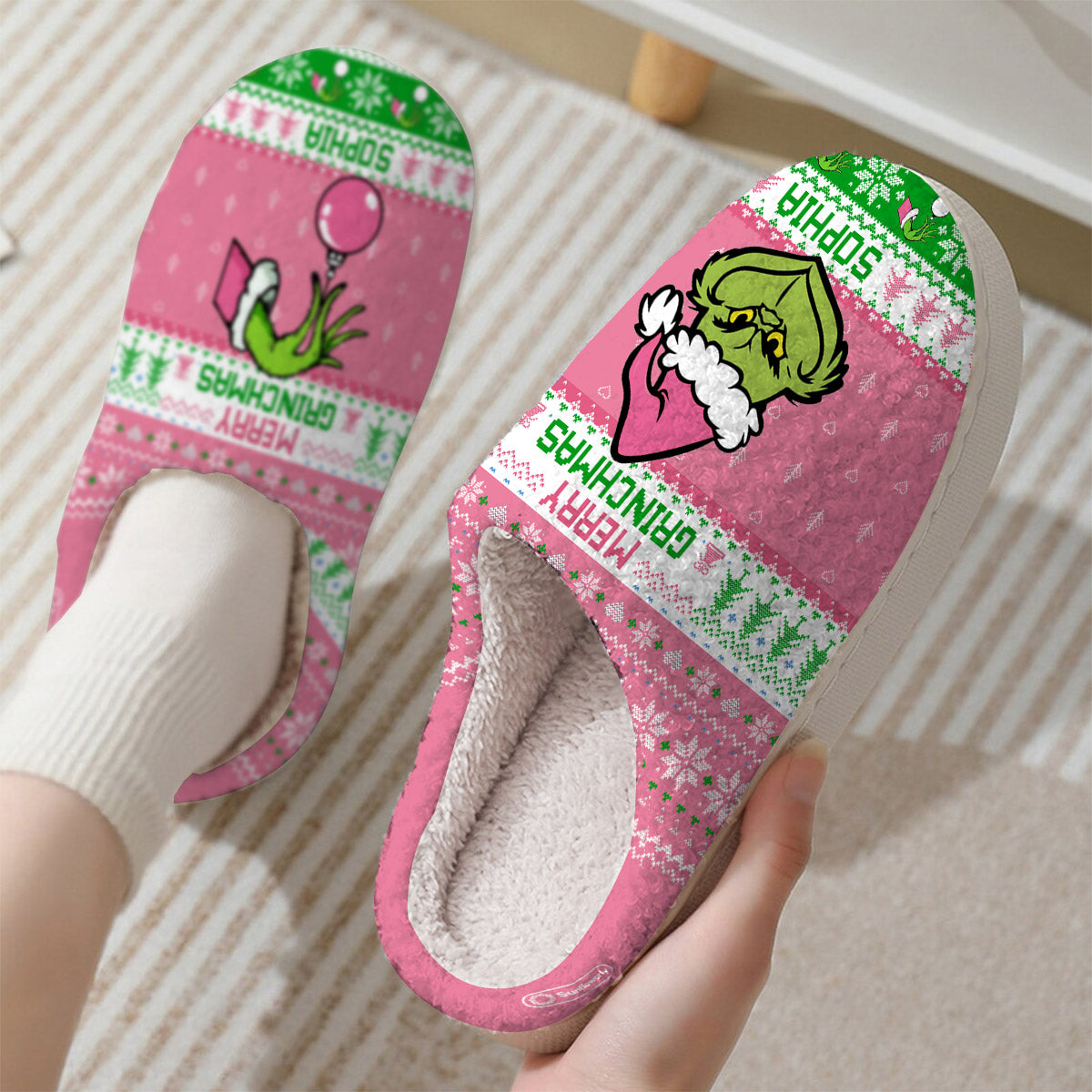 Personalized Merry Grinchmas Slippers Custom Name Holiday Gift Slippers GradoCreations