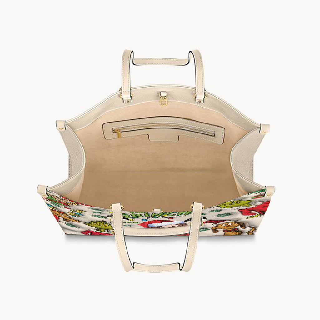 Customized Grinch Pattern Leather Handbag for Women - Unique Gift Leather Handbag GradoCreations