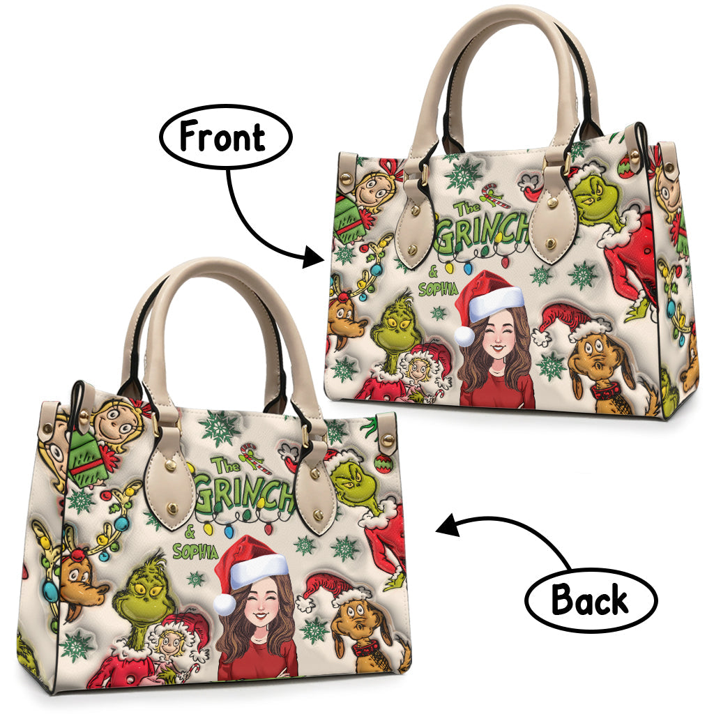 Customized Grinch Pattern Leather Handbag for Women - Unique Gift Leather Handbag GradoCreations