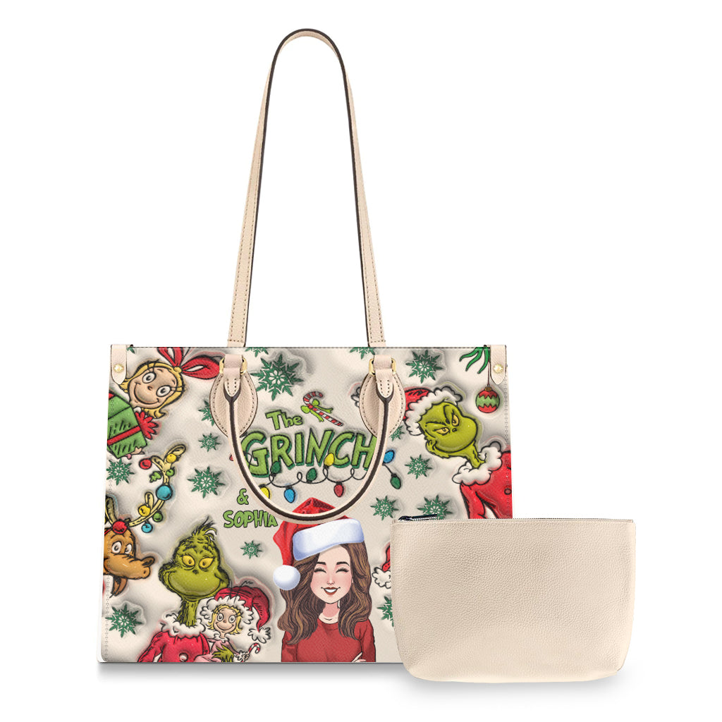 Customized Grinch Pattern Leather Handbag for Women - Unique Gift Leather Handbag GradoCreations