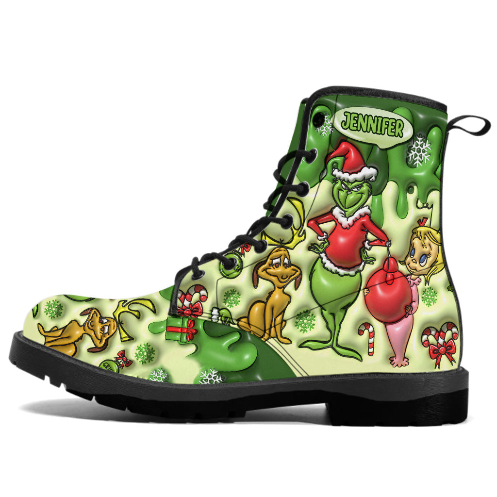 Personalized Grinch Leather Boots Custom Name Holiday Gift Leather Boots GradoCreations
