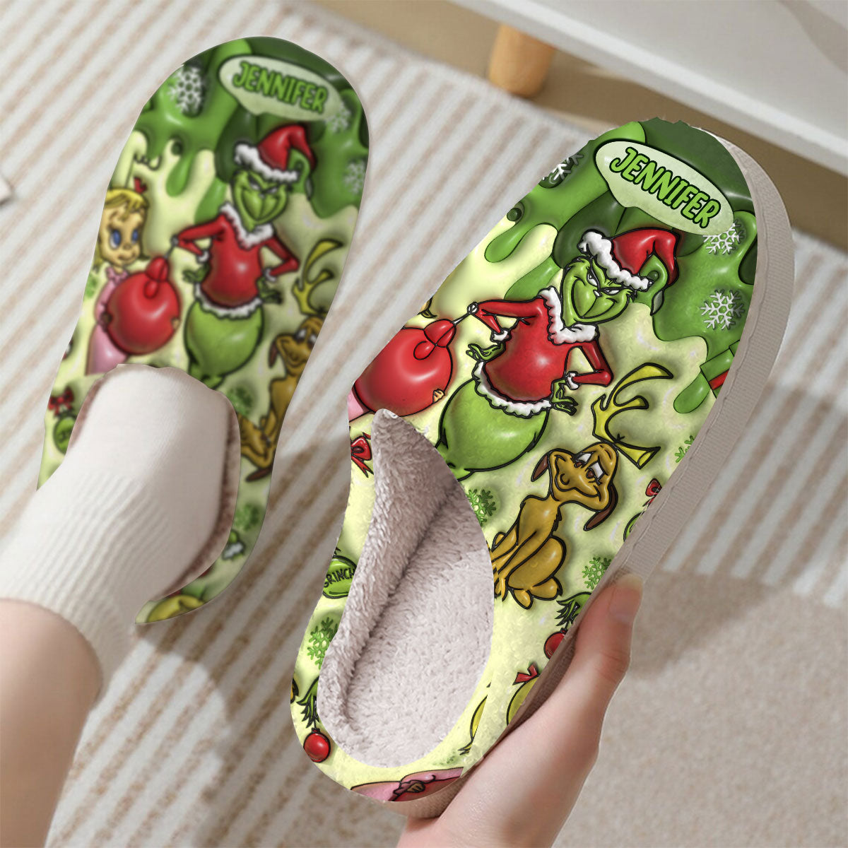 Personalized Christmas Slippers with Grinch Design for Adults | Cozy Holiday Gift Slippers GradoCreations