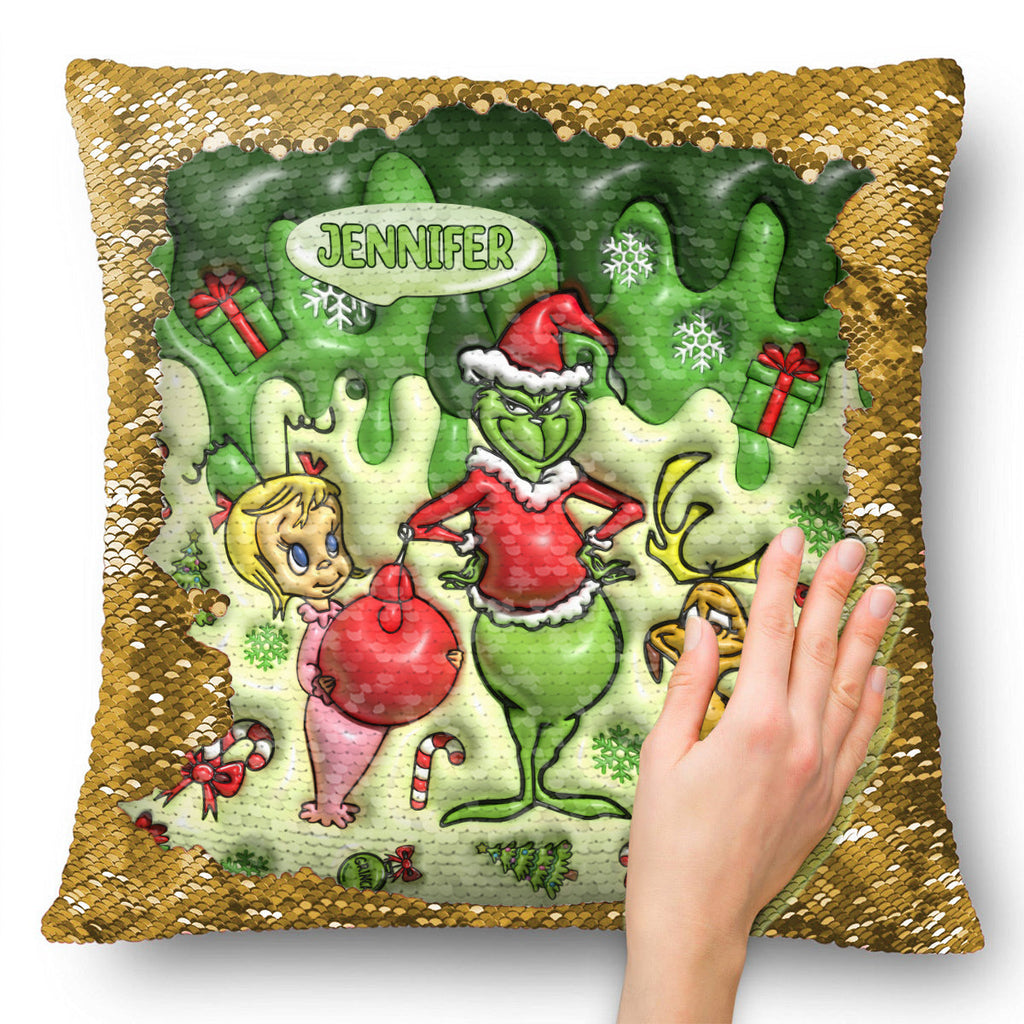 Personalized Sequin Pillow Cover with Grinch Design for Christmas Gift Sequin Pillow Cover GradoCreations