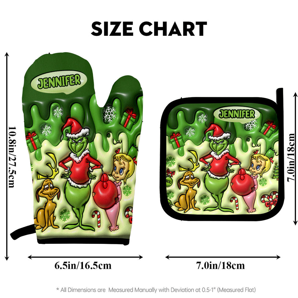 Personalized Grinch Christmas Oven Mitts & Pot Holder Set Gift for Family Oven Mitts & Pot Holder Set GradoCreations