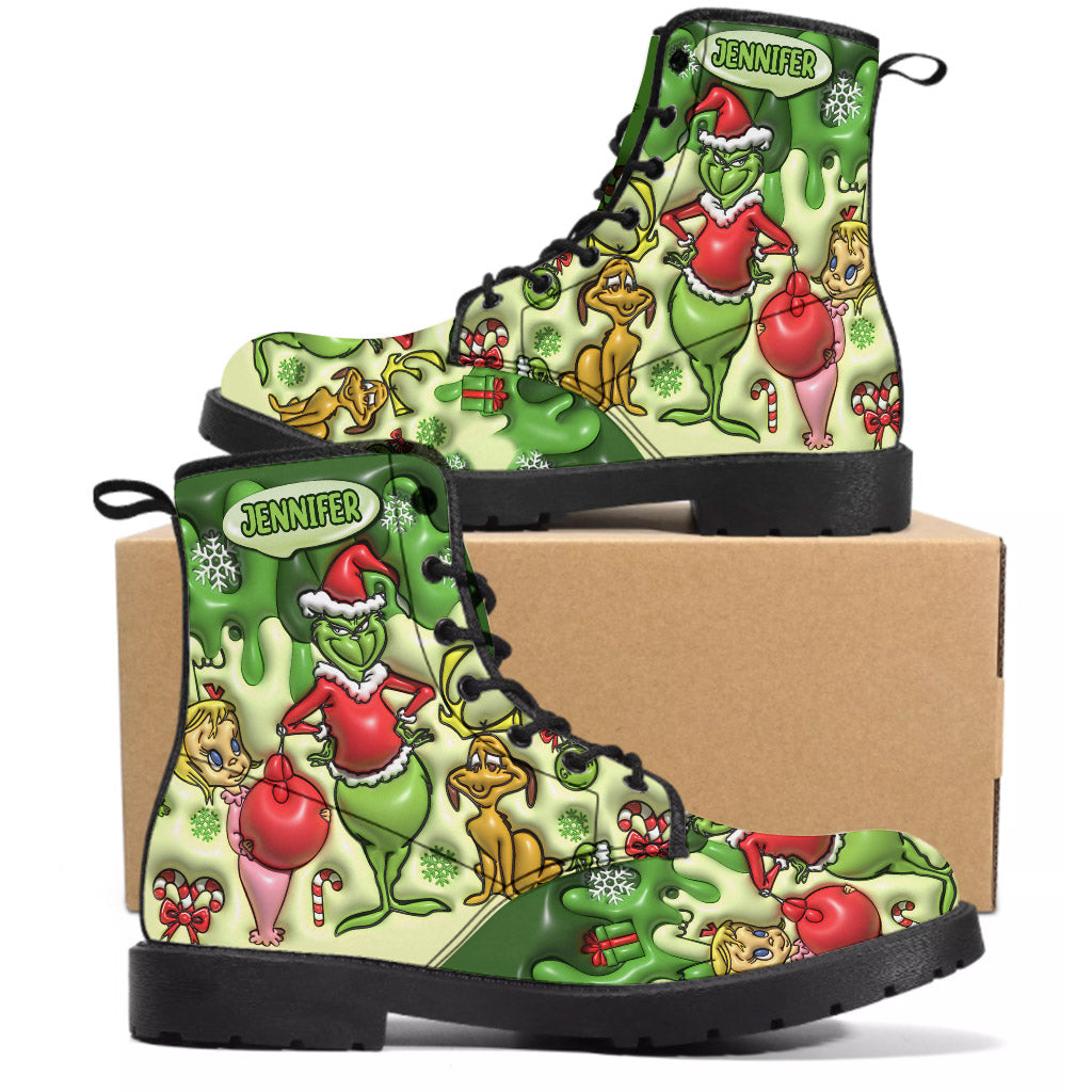 Personalized Grinch Leather Boots Custom Name Holiday Gift Leather Boots GradoCreations