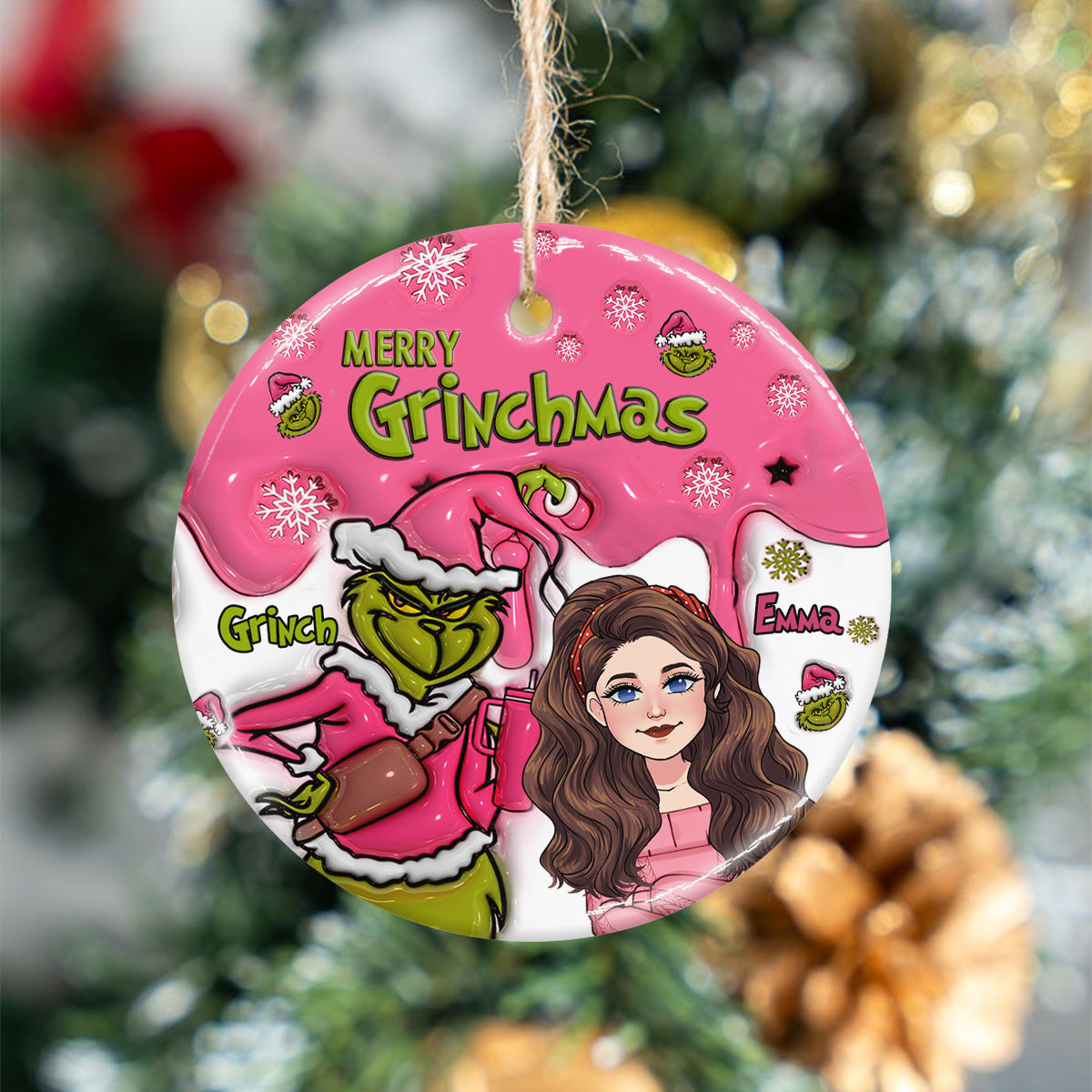 Personalized Ceramic Christmas Ornament Merry Grinchmas Gift Ceramic Circle Ornament GradoCreations