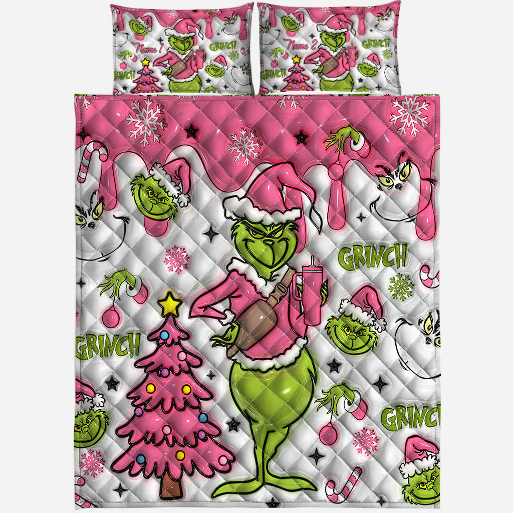 Personalized Grinch Christmas Quilt Set with Pillow Covers Quilt Set GradoCreations