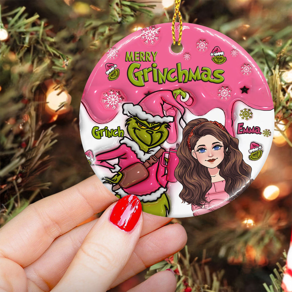 Personalized Ceramic Christmas Ornament Merry Grinchmas Gift Ceramic Circle Ornament GradoCreations