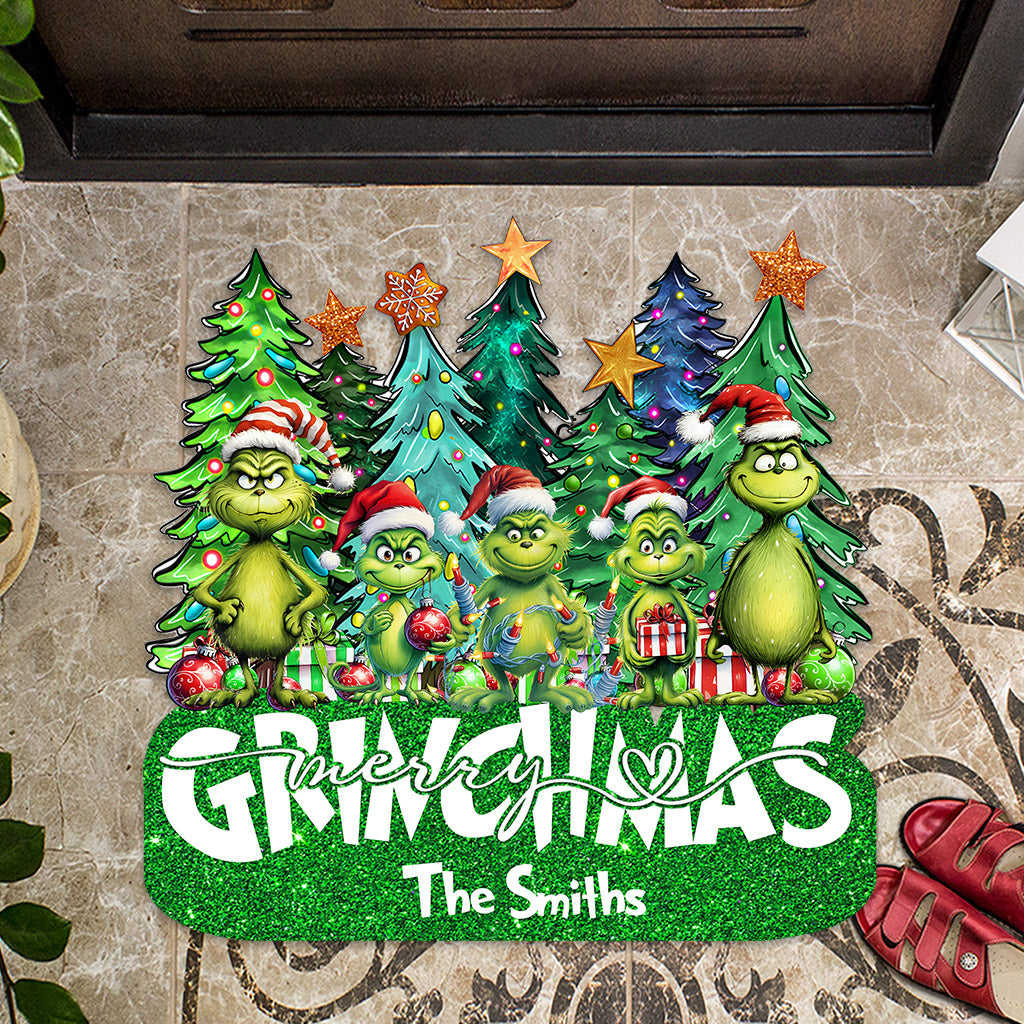Personalized Merry Grinchmas Shaped Doormat Custom Family Name Holiday Decor Shaped Doormat GradoCreations