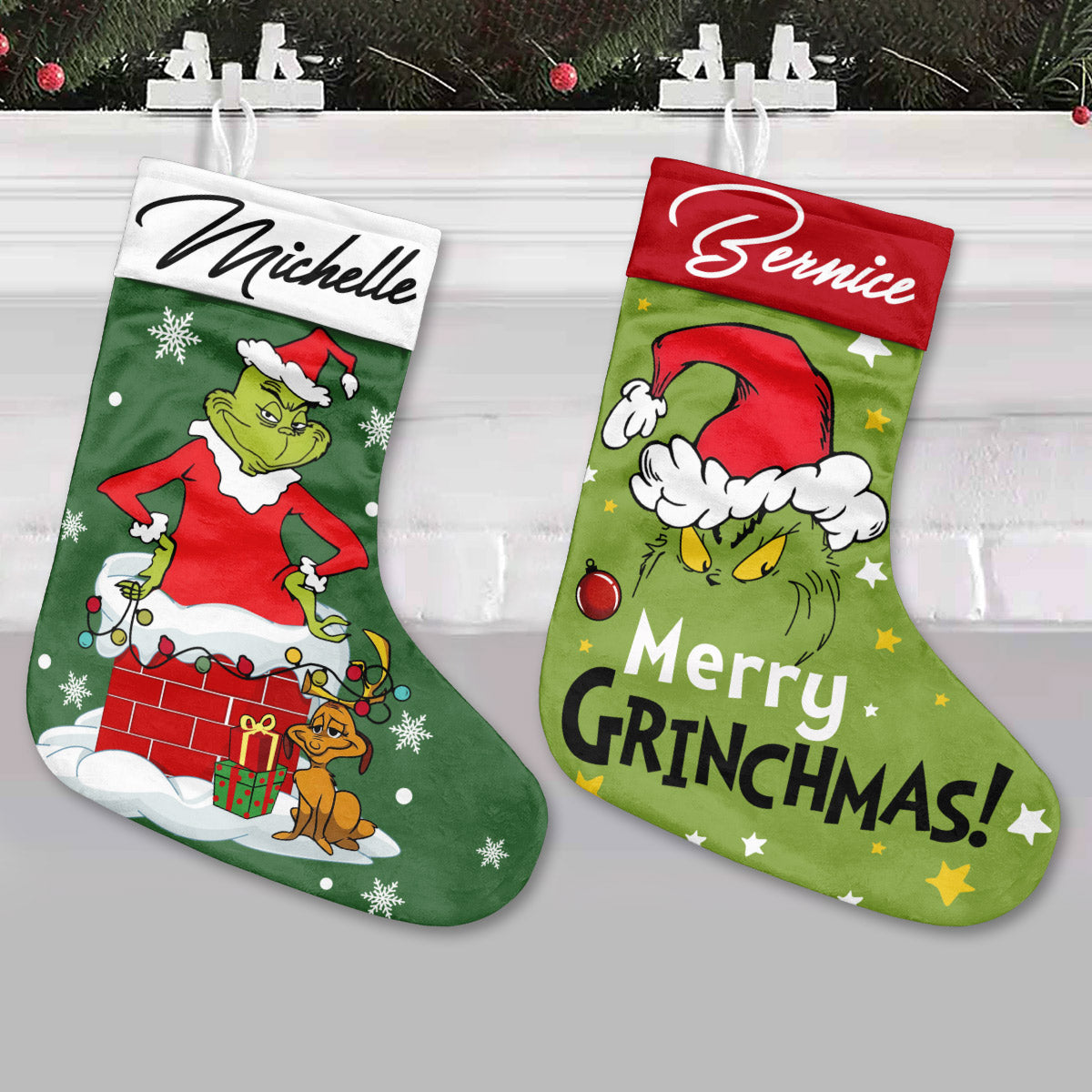 Personalized Grinch Christmas Stocking Custom Name Holiday Decor Christmas Stockings GradoCreations