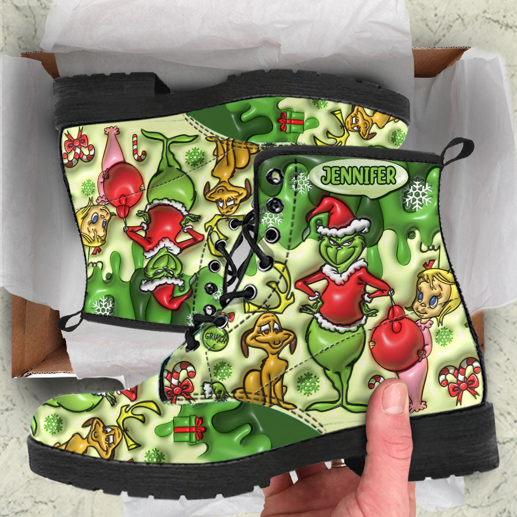 Personalized Grinch Leather Boots Custom Name Holiday Gift Leather Boots GradoCreations