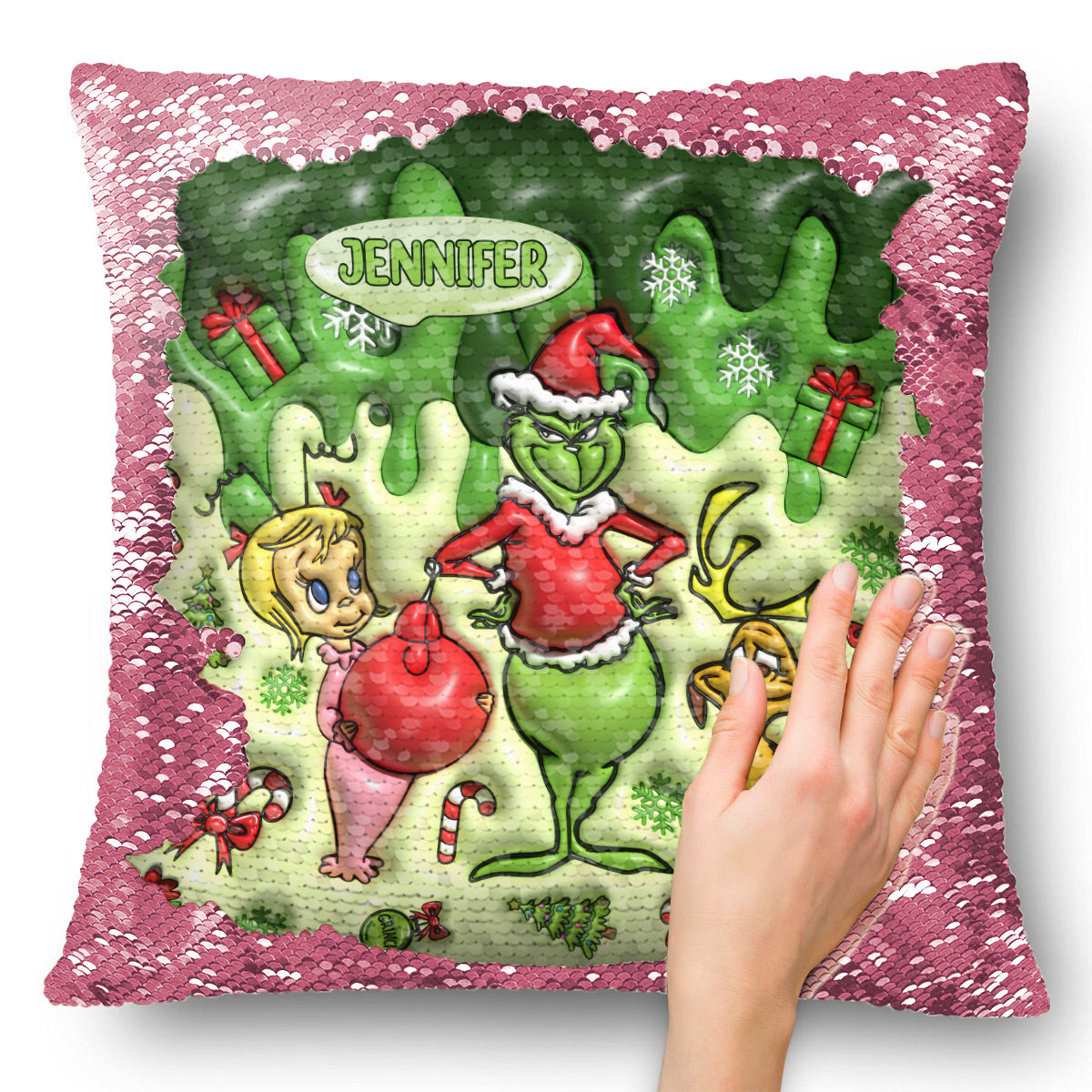 Personalized Sequin Pillow Cover with Grinch Design for Christmas Gift Sequin Pillow Cover GradoCreations