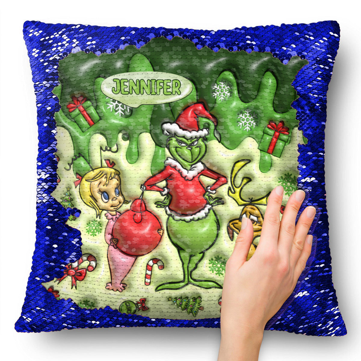 Personalized Sequin Pillow Cover with Grinch Design for Christmas Gift Sequin Pillow Cover GradoCreations