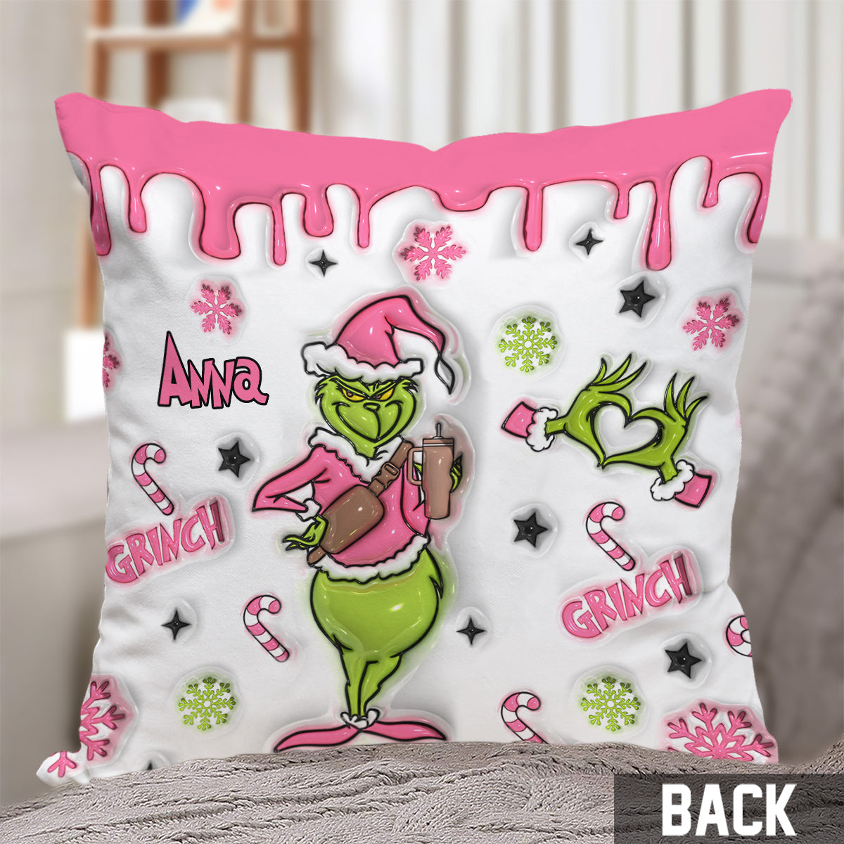 Personalized Grinch Christmas Throw Pillow with Custom Name Throw Pillow GradoCreations