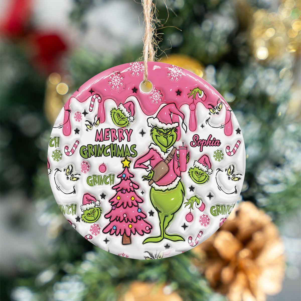 Personalized Merry Grinchmas Ceramic Ornament Gift for Christmas Ceramic Circle Ornament GradoCreations