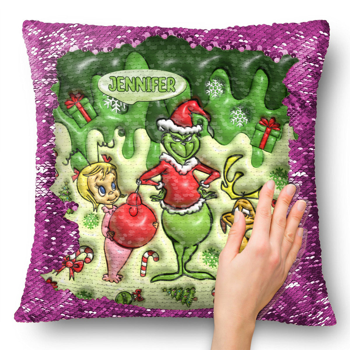 Personalized Sequin Pillow Cover with Grinch Design for Christmas Gift Sequin Pillow Cover GradoCreations