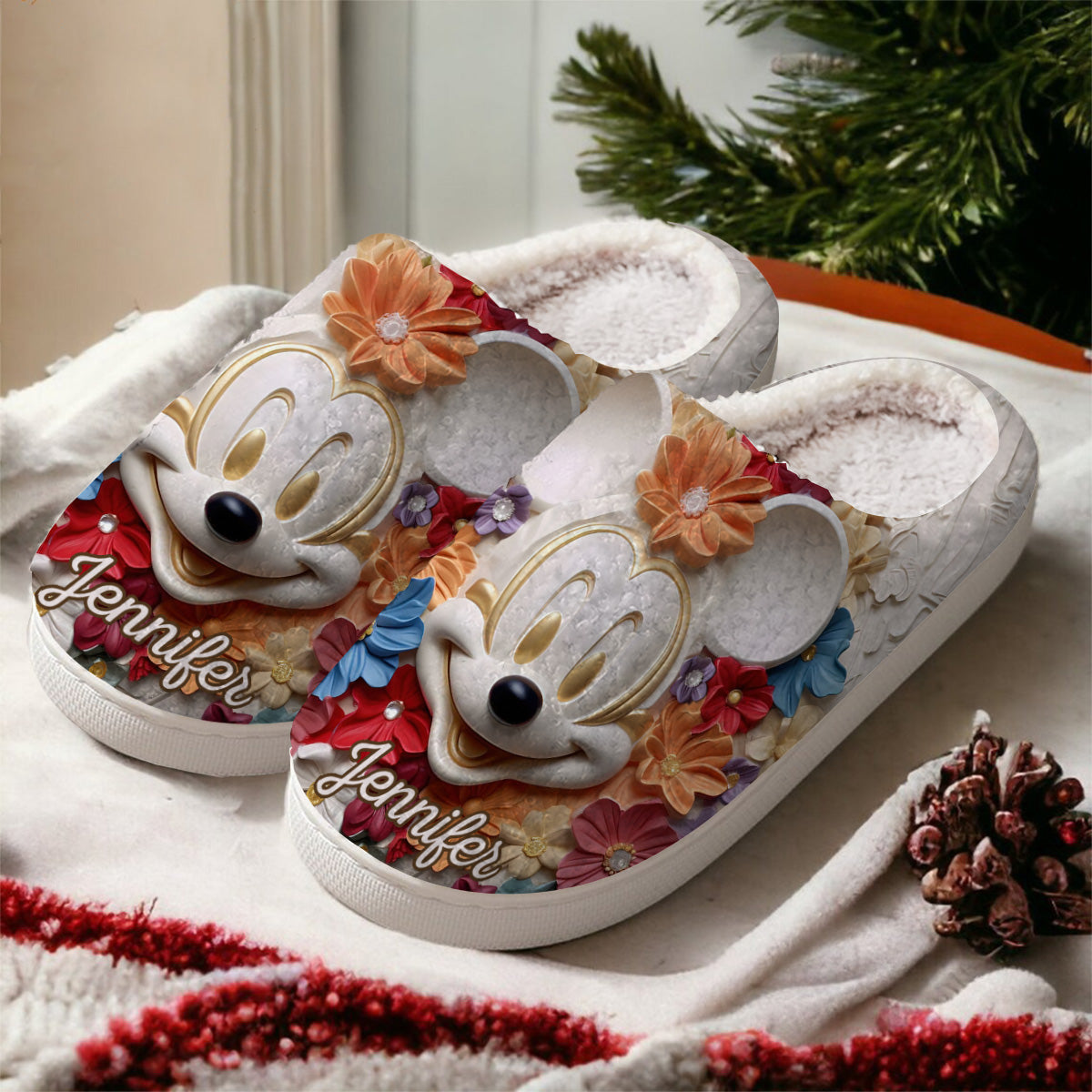 Personalized Mouse Slippers with Custom Name Floral Design Gift Slippers GradoCreations