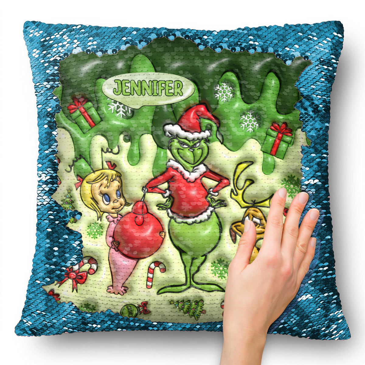 Personalized Sequin Pillow Cover with Grinch Design for Christmas Gift Sequin Pillow Cover GradoCreations