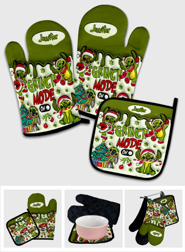 Personalized Grinch Mode Oven Mitts & Pot Holder Set for Christmas Oven Mitts & Pot Holder Set GradoCreations